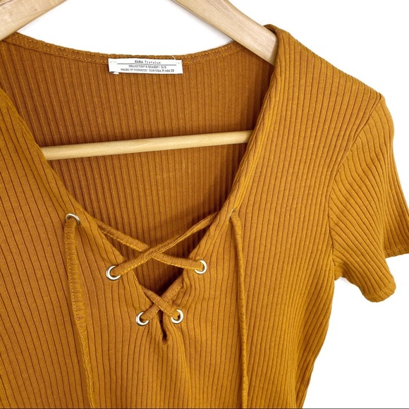 5/$25 Zara Lace Up Mustard Tee M - Picture 1 of 6